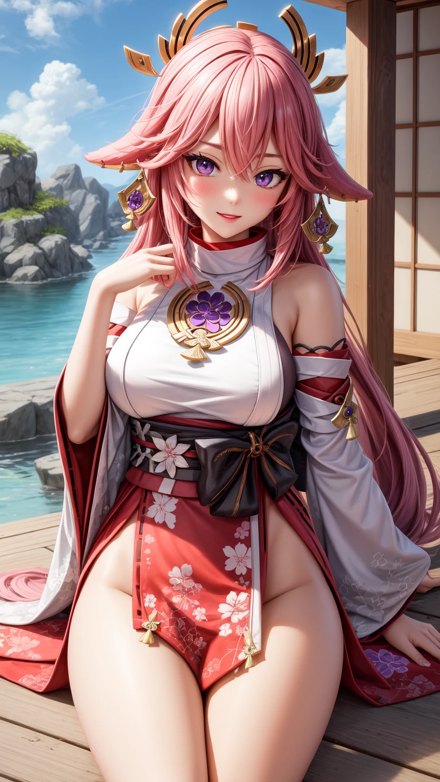 Nontraditional Yae miko, anime style, (masterpiece:1.35),(bestquality:1.4), 8k,ultra-detailed, photography, (ultra-realistic:1.4), film grain, Fujifilm XT3, depth of field, female focus, mature female, (sexy Asian female:1.45), (photo from front)!!, adult, (looking at viewer)!!, bare shoulders, blush, happy smile, red lips, detached sleeves, earrings, fingernails, hair between eyes, hair bangs, (pink hair)!!, very long hair, detailed realistic hair, symetrical hair ornament, detailed realistic clothes, jewelry, purple gemstone, detailed jewelry, neck garter, necklace, armpit, detailed eyes, (shiny eyes pupils:1.25)!!, (colored sharp eyes)!!!, (homochromatic eyes)!!, cherry blossom, sidelocks, (sit down at wooden chairs in the red japanese shrine and neon lights reflecting on wet streets)!!, fireworks, yae miko \(genshin impact\), (correct anatomically)!!,