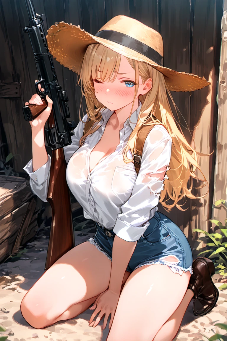 (((Cowgirl Costume))),(((Wear low-waisted denim shorts and short western boots))),(((Wear a western hat))),(((wear a leather belt))),(((He is wearing short sleeves, Plaid, front tie shirt))),(((Wear a gun belt:1.5))),(((Wear a watch on your wrist))),(((Showing cleavage))),(((Bare inner thighs))),(((Bare arms))),(((Her hair is blonde))),Beautiful detailed girl, Very detailed目と顔, 緻密でBeautiful Eyes, Very detailedな, High resolution, Highest quality, masterpiece, Very detailed, 8k wallpaper, wonderful, finely, Highest quality,One girl,(((Basement at night:1.5))),(((Standing in front of a wooden wall))),Beautiful Eyes,((Crying face:1.0)),((Being drunk)),Open your mouth