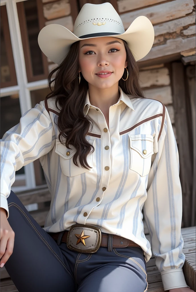 obra maestra, cow girl, mejor calidad, cabello rojo, 1 chica, solo, gscowgirl, :d, mono, Camisa blanca, pechos enormes, escote, Fancy