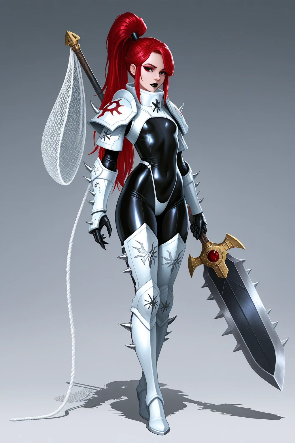 lelithhesperax, ponytail, hair ornament, red hair, pointy ears, red eyes, black eyeshadow, face tattoo, gloves, thighhighs, pauldron, leg armor, dark background, barefoot, holding a spear, eyeshadow, full body, pauldrons, glove, dynamic pose, cowboy shot, evil, evil_laugh, blood, blood_splatter, blood_on_face