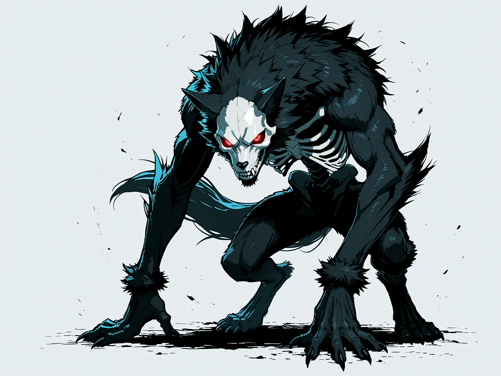nvinkpunk, (werewolf:1.2), snow, snowing, (ice), icicles, frozen, chilling, chilled, ominous, horror, creepy, tall, wearing body armor made of human bones, (skull:0.9), (ribcage:1.2), piercings, fur details, fur pattern, (lightning strike), (lightning), storm, cloudy sky, backlighting, forest, nighttime, mist, fog, full moon, detailed claws, glowing, silver (fangs), smile, snarl, punk, wild hair, best quality, absurdres,, masterpiece, best quality, intricate detail, absurdres