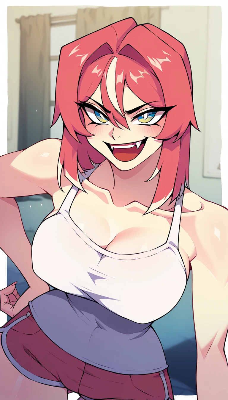 masterpiece, best quality, power, looking at viewer, orange hair, red eyes color, large breasts, upper body, portrait, looking at viewer, seductive smile,both hands raised, armpits, armpits visible, sweaty armpits,