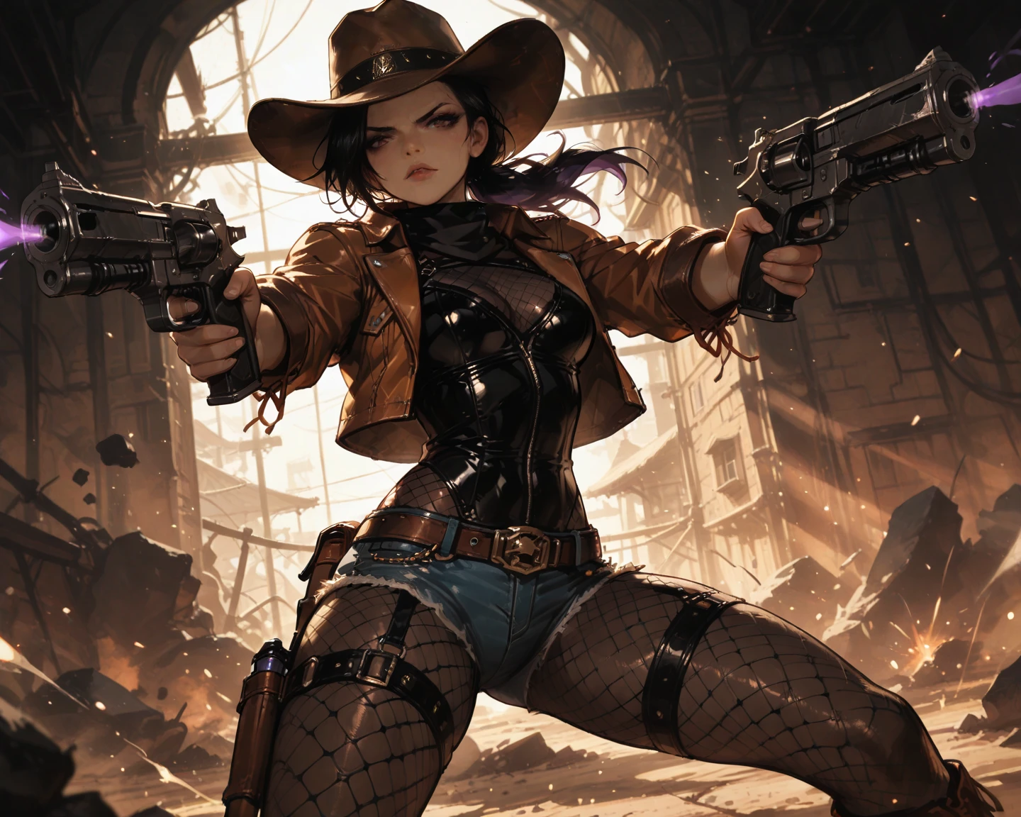 an attractive woman [gunslinger:bounty hunter:0.4] standing in a apocalyptic wilderness (gamestation style:1) <lora:djzGameStation_LB2:0.8>