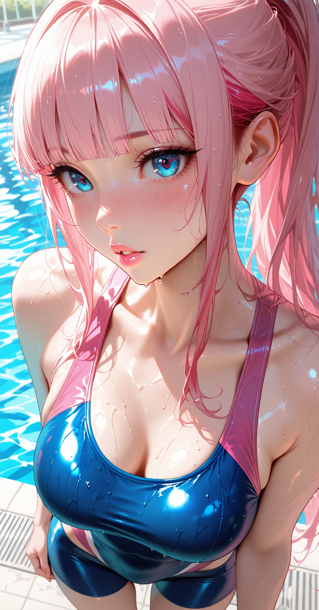 ((Highest quality, 8k, masterpiece :1.3)), (Sharp focus :1.2, Beautiful woman with perfect figure :1.4, Slim Abs), ((Big Breasts, Emphasize cleavage:1.2)), (Photorealistic:1.4), (realistic:1.4), (Pink Hair:1.5), Highly detailed face and skin texture, Fine grain, double eyelid. Makeup face, A little bit of lipstick, sex appeal, Sexy gravure pose, ((Sexy beauty in a white bikini、She flashes a captivating smile against the backdrop of a luxurious pool.。Accented with a gold chain necklace and large hoop earrings.。:1.3))
