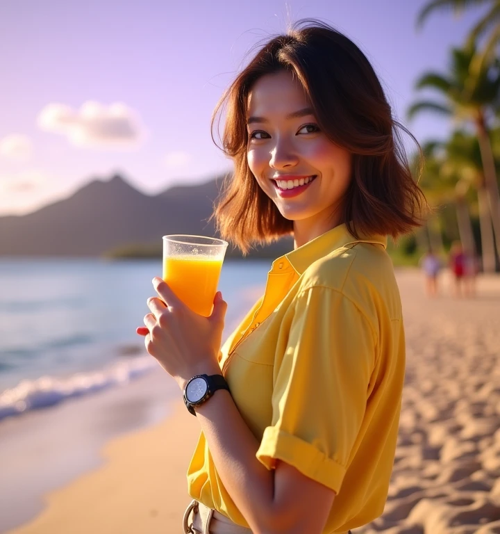 An ultra-realistic portrait of a young woman named anikaxxx. She is sitting on the terrace of a beachside café, holding a glass of orange juice. She is surrounded by a few friends who are also enjoying their drinks. Anikaxxx is looking directly at the camera with a friendly and relaxed expression. The background shows other tables with people, adding to the lively and social atmosphere. The setting includes sun umbrellas, wooden tables, and a view of the beach and ocean. The lighting is natural, highlighting the vibrant and cheerful mood of the scene.
