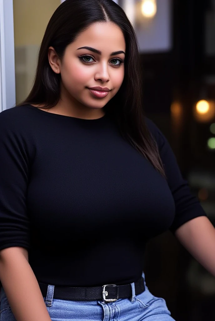 Black girl , wavy hair , big eyes , brown eyes , thick body, sexy body ,real , human ,wearing a baby blue casual outfit 