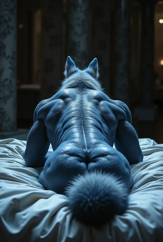 (Photorealism), naked, (realistic muscular werewolf, black fur:1.1), (in half), (On knees:1.1) BREAK (I represent my ass:1.3), (ass sticking out in the air), (balls:1.1), (looking back at the viewer, smiling), (view from above:1.1), (whole body in the photo), (horny), (Best quality, 4K:1.1),Gay Sex (((Anal sex:1.5))), , (((anal penetration))), (duet:1.5), cum on ass, cum on back, leaking sperm, Sperm splashes, excessive sperm