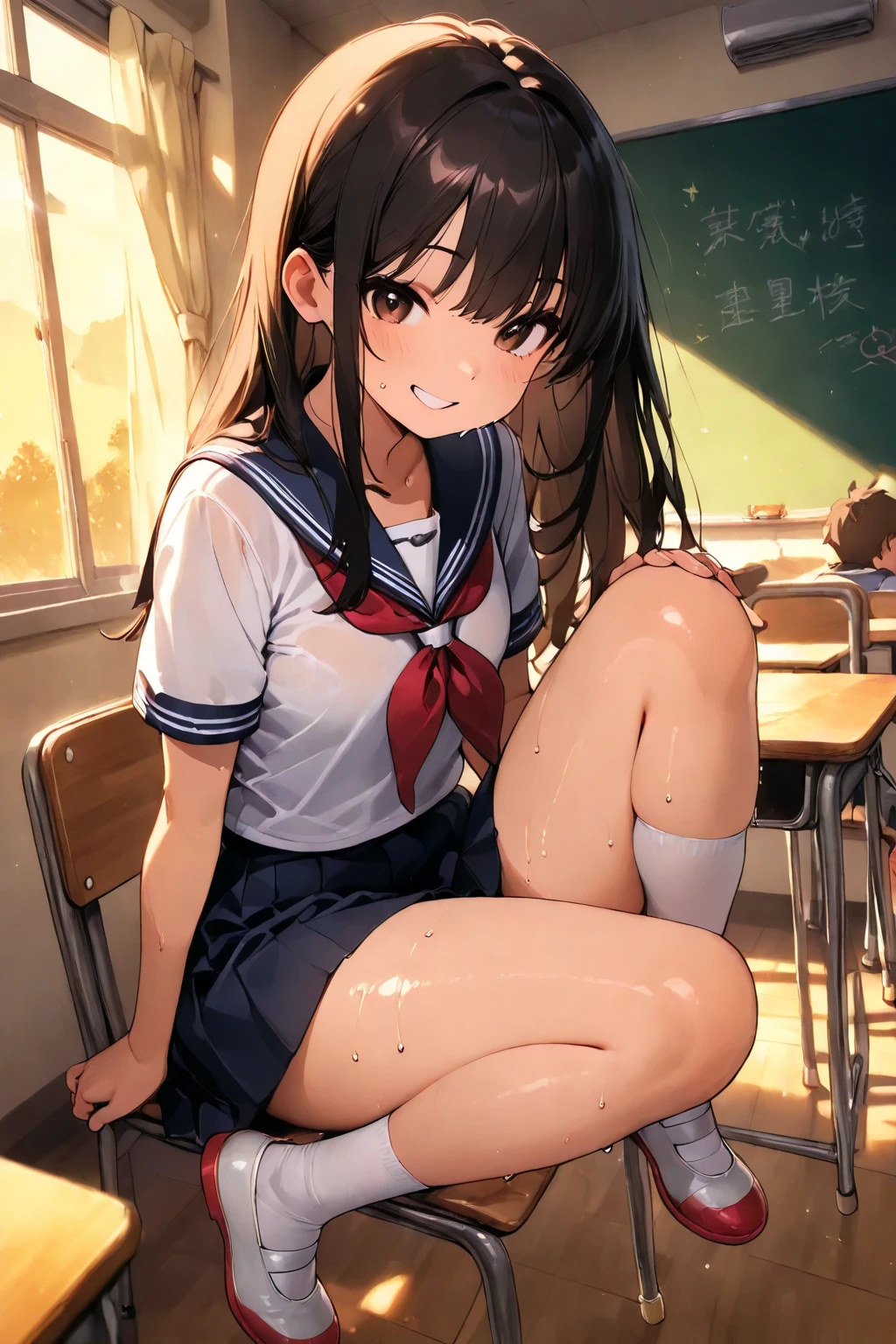 Place your hands on your knees、((She boldly shows off her exposed pubic area with vagina viewable))、(Squatting panchira)、double eyelid、Perfect Fingers、Perfect Proportions、huge 、Eyelashes、Place your heels on the ground、Beautiful and fine details、Ultra-detailed、High resolution、Transcendental beauty、Highest quality、masterpiece、((Japanese high school girls uniform))、Extremely detailed representation、School classroom、Highly detailed appearance、Pretty Girl JC、Positive、She spreads her legs erotically, (((Dynamic Pose)))、((Sit with your knees bent))、Sexy gaze、Low angle、(((The clit is visible)))