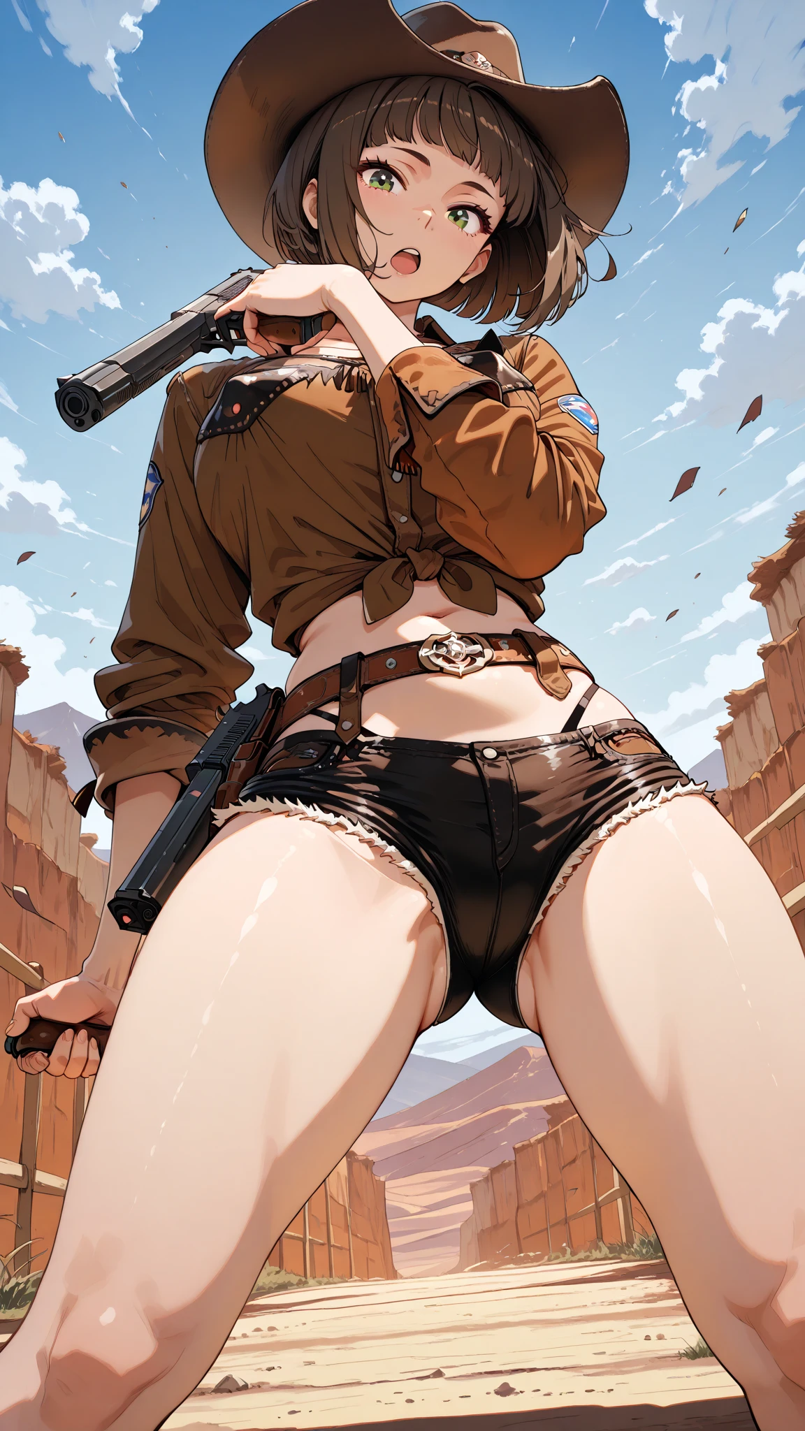 nsfw, anime screencap, 16K, perfect anatomy proportion body, perfect hands, action, A dynamic composition with a sense of speed and movement, (Ride a military bike:1.6), a wife, 40age, perfect beautiful delicate sexy face, perfect beautiful delicate eyes, brown hair, short bob hair, gigantic tits, abs, Wearing an elaborate chain mail micro bikini and loincloth, Desert Battlefield, war, Post-apocalyptic,