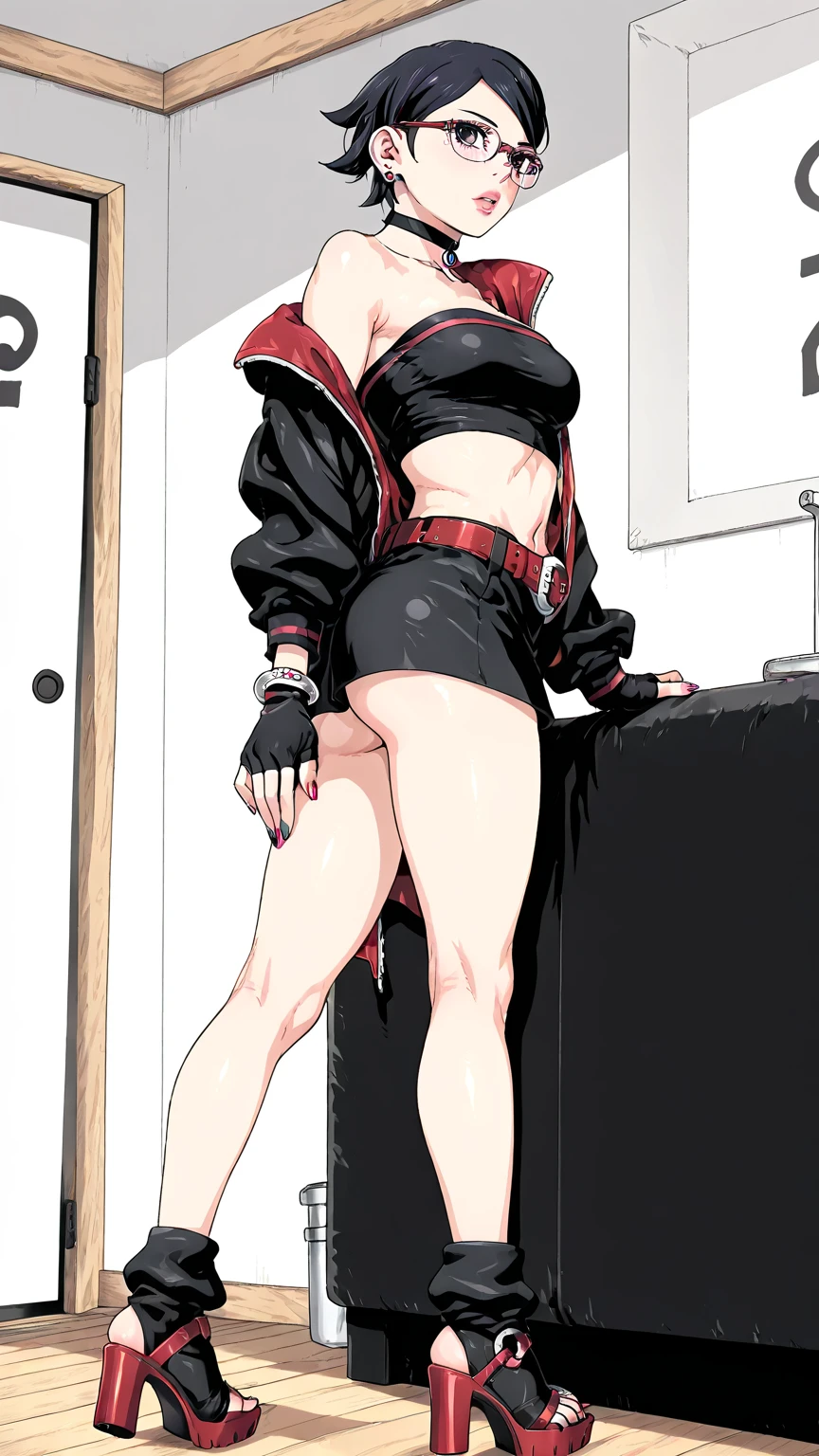 High tail hairstyle, Ponytail hairstyle, Long wavy black hair, standing posing, anime girl style, pixel art anime style,penetrating look with deep eyes,red and purple eyes, hair with a ponytail hairstyle trapped with a big red bun, women, red hair clips, x color shaped hair clips , smiling face blush, next to his bed, Skirt, tank top, Black hair, big thighs, NSFW, Skirt fluttering in the wind, perfect panty, look down, camera looking from bottom to top, viento levantando su Skirt haciendo que se le vea el panty, hands in fist behind her, viento moviendo su Skirt, 