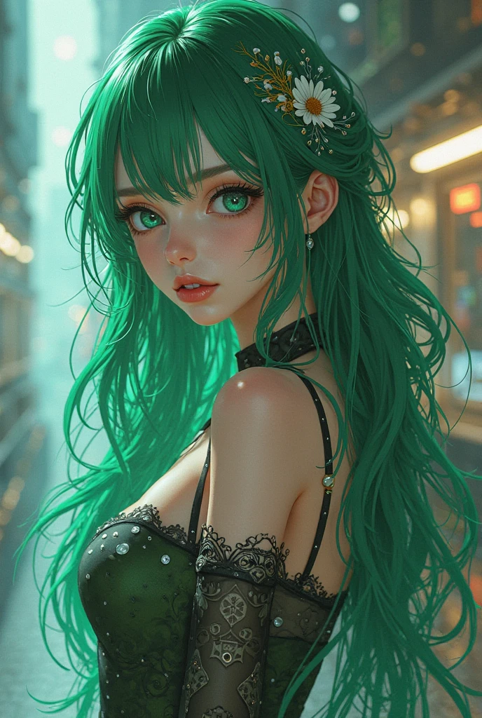 (Very detailed CG unity 8K wallpaper），best qualtiy，cinmatic lighting，detailed back ground，((best quality)), ((masterpiece)), (detailed), NSFW, small breasts, prominent collarbones, skinny arms, flat and toned stomach, visible hip bones, full body, long hair, green hair, Realistic Shadows, Detailed skin, Very small breasts, Hair Ribbon, Very detailed, highly detailed face, Perfect face shape, Perfect lips, Perfect nose, Correct beautiful eyes, Watching Viewer, Best Quality, Single korean Girl, wearing mini skirt,showing skin,show face,deep cleavage,thin waist,slim silhouette,thin thighs,very beautiful face,photorealistic,ultra quality,close.
