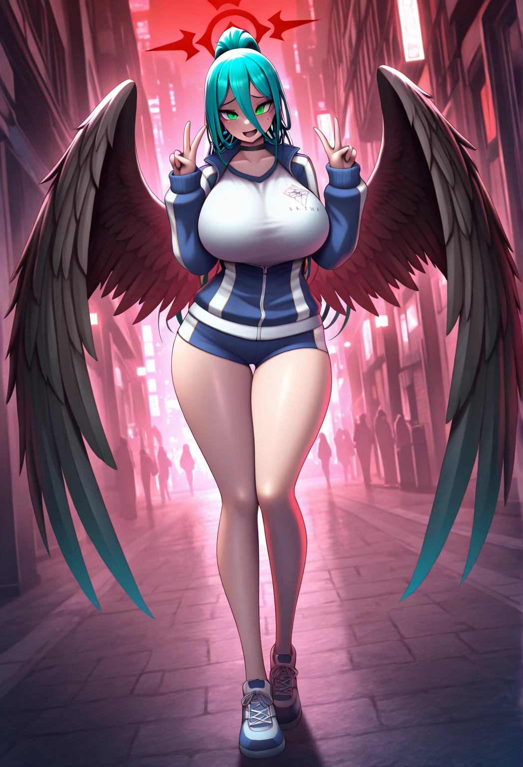 one woman, winged girl, large wing , Long tail, cadet-blue hair, strong, firm body, thick thighs, big breasts, muscular arms, casual clothes, sfw, sexy, full body, masterpiece, highly detailed, shiny clothes, latex, tall women,