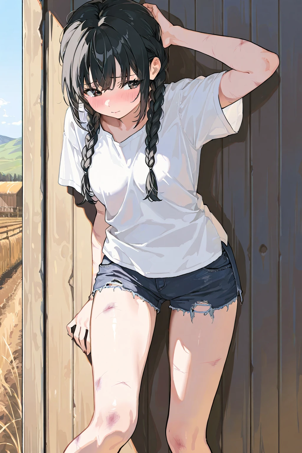 ((masterpiece,Highest quality;1.3,best illustration)),raping,cowboy shot,1woman、独奏,30 year old beauty,((very small head:1.5)),dark brown hair,long hair,bangs,brown eyes,gorgeous eyes,blush,Scared,small breasts,((very long body:1.3)),((toned body,slender body,skinny)),gleaming skin,shiny skin,oily skin,((Injury:1.4)),(wet,Torn clothing、White tight tank top、denim micro shorts)、White sneakers、kneeling,Inside the storage shed、at night、