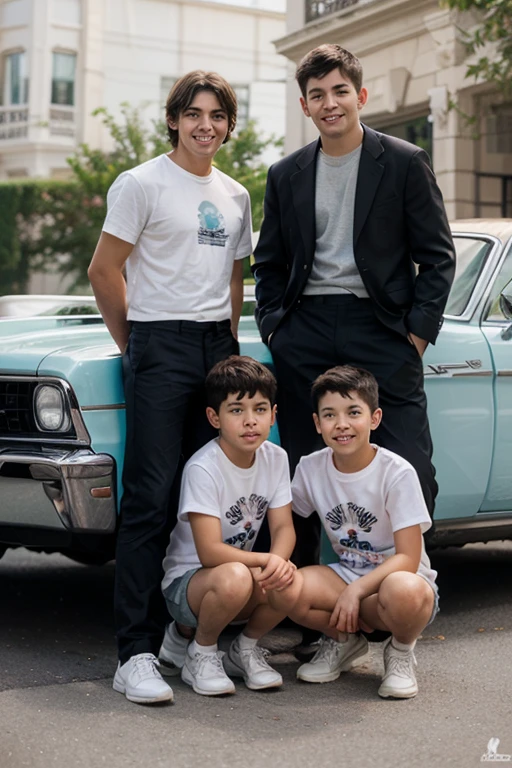 Dad and son in a muscle car on the road