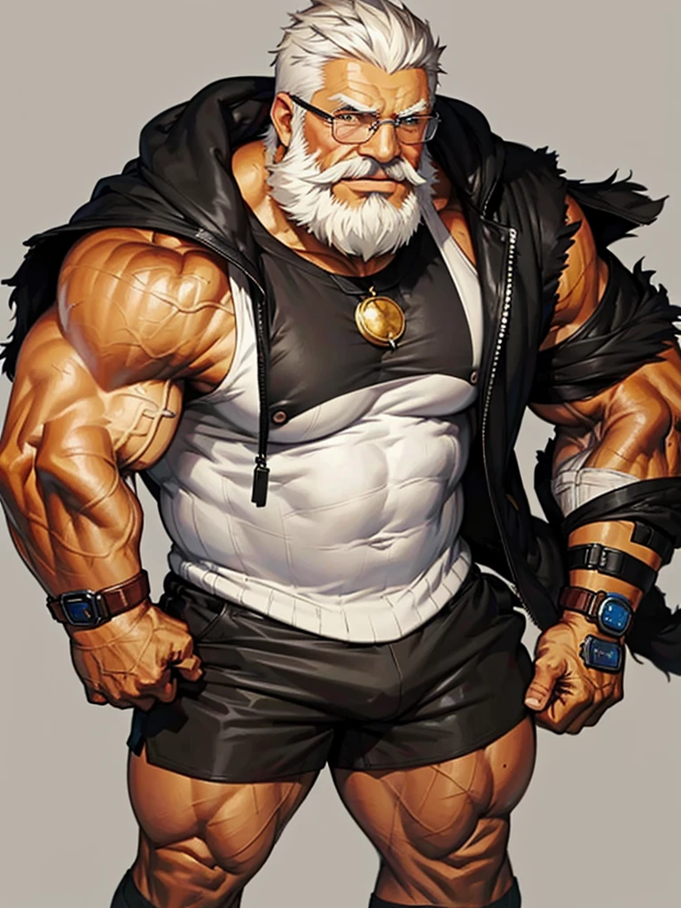 simple background, Solo, 1boy, perfect anatomy, perfect proportion, cyberpunk style, hood, neon lights, high-tech clothing, perfect center, sharp eyes, big eyes, peaceful, eyes, halo, (smile, happiness), calm, perfect fingers, big hand, fingers. Huge Muscular Old man with short hair, shoes, (cargo shorts), view from side, pectoral, thick arms, huge pectoral, wide pectoral, white hair, white beards, simple background, masterpiece, semirealistic:1.2, high detailed, 8k, high resolution, perfect center, full view. ((really big muscle, massive muscular, sixpack, thick arms, wide pectoral, super huge muscle, hyper muscular, over sized muscle, huge arms, big arms, huge pectoral))