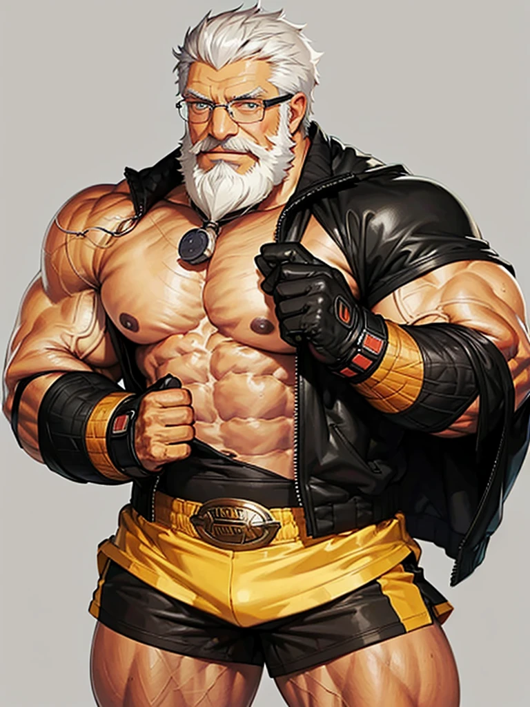 Giant 80 years old man, absurdly huge bulge, cheek bones, hair covers up ears, Thick pronounced grey beard, ears covered by hair, absurderes, hight resolution, 1male people, full body visible (wrestling Magazine covers:1.2), Yaoi(bara) , Stubble,clothes down, matured male, rugged face, old face, beefy, thick grey eyebrow, thick eyebrows, bushy grey eyebrows, well groomed moustache, blue eyes, oily skin, sweaty, nose takes up a huge proportion of the face, enormous nose, very large nostrils, roman nose, hooked nose, old man with eagle like nose, absurdly big nose, aquiline nose, old man, 80 years old man, wrinkles, gigantic muscular old man, enormous physique, muscle domination, very thick arms, very manly, dark brown skin, dark olive skin color, thick grey beard, Male Focus, bushy grey beard、(wearing blue latex wrestling singlet), vascular, thick thighs, large nostrils visable, wet, very sweaty, arch shaped nose, sexy, (Black skin), big bulging crotch, big crotch, latex, wrestling uniform, blue wrestling singlet, sweaty body, very hairy chest, crotch in focus, Detailed body,Ultra-detailed eyes,hyperdetailed face,(Gray hair:1.2),(All Back Hair:1.2)、(Very long grey hair:1.2),(hyper pecs:1.5),Open Claus,(Soft smile:1.2),Perfect ligthing,(flexing biceps:1.2)