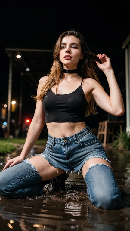 (perfect lighting, Perspectiva perfeita, 8k raw,Russian girl, Russian traits, natural red hair,1girl, maxilar bonito, Alto detalhado, peitos perfeitos, realistic, 8k raw,rosto detalhado, Red hair, olhando para o espectador, jewelry, (franja) sardas (olhos azuis) cabelo curto, corpo inteiro, short hair style, short red hair style) Gothic style, Black skirt, meia-noite, flash, parking, estacionamento de carros, night ligthning, sorrindo, bumbum, pantyhose, sitting on a park bench, cabelo flutuante,