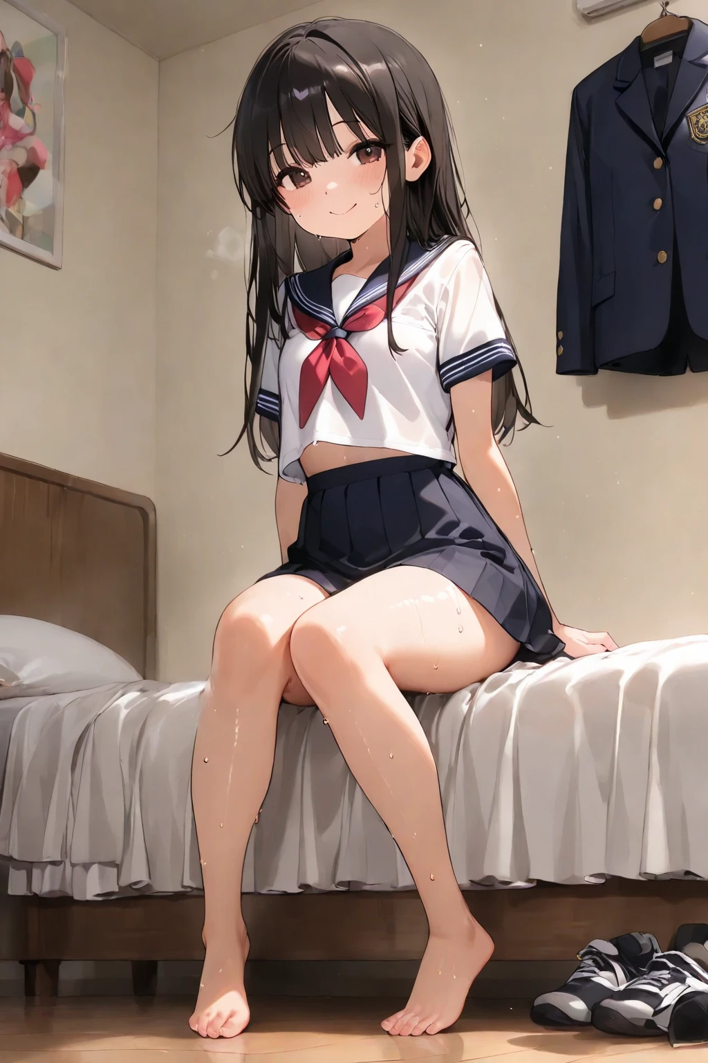 Sailor Moon was lying on the bed with her legs together.，Hands covering breasts without underwear，Painful expression，Lewdness，Stick out your tongue，Sloppy，8K，best qualtiy，Masterpieces，illustartion，very refined and beautiful，RAWExtremely detailed，nffsw，Unity，Wallpaper，（fidelity，fidelity：1.37），striking，Fine detail，best qualtiy，offcial art，Very detailed nffsw unified 8k Wallpaper，Best Quality，See-through underwear，Transparent panties，Tulle underwear，Turn your tulle pants towards the audience with both legs.，sole of feet，sole of feetが見える，Dark hair，Tong，Open your legs，Lace panties，mucus flowing out of pants，Semen on the legs