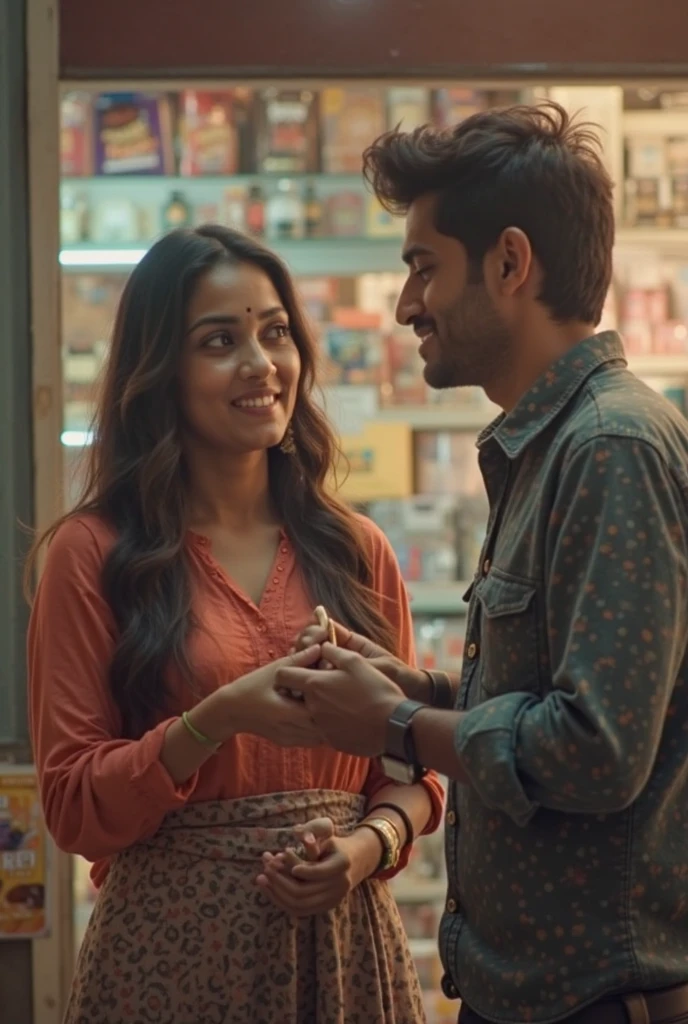 Indian Couple in kelkar museum,pune  watching things on shelf and discussing .girl is wearing peach top and jeans and boy is wearing
