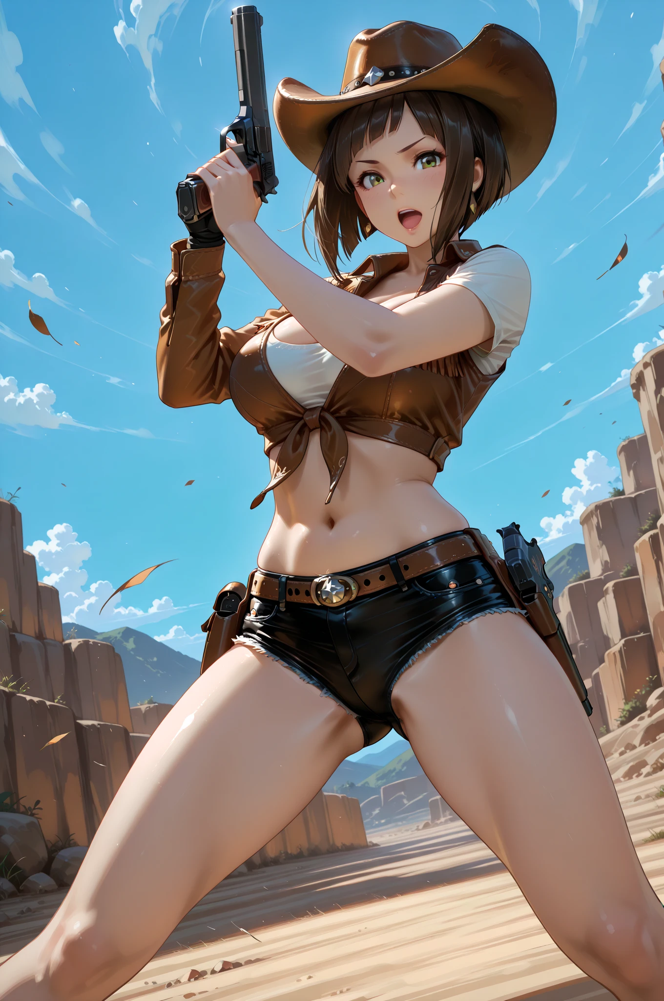 Generates a woman dressed as a cowgirl with brown suspender ,gunbelt and bandana black clothing and her genitals visible topless nude and nipples big-boobs smile same person no chance
