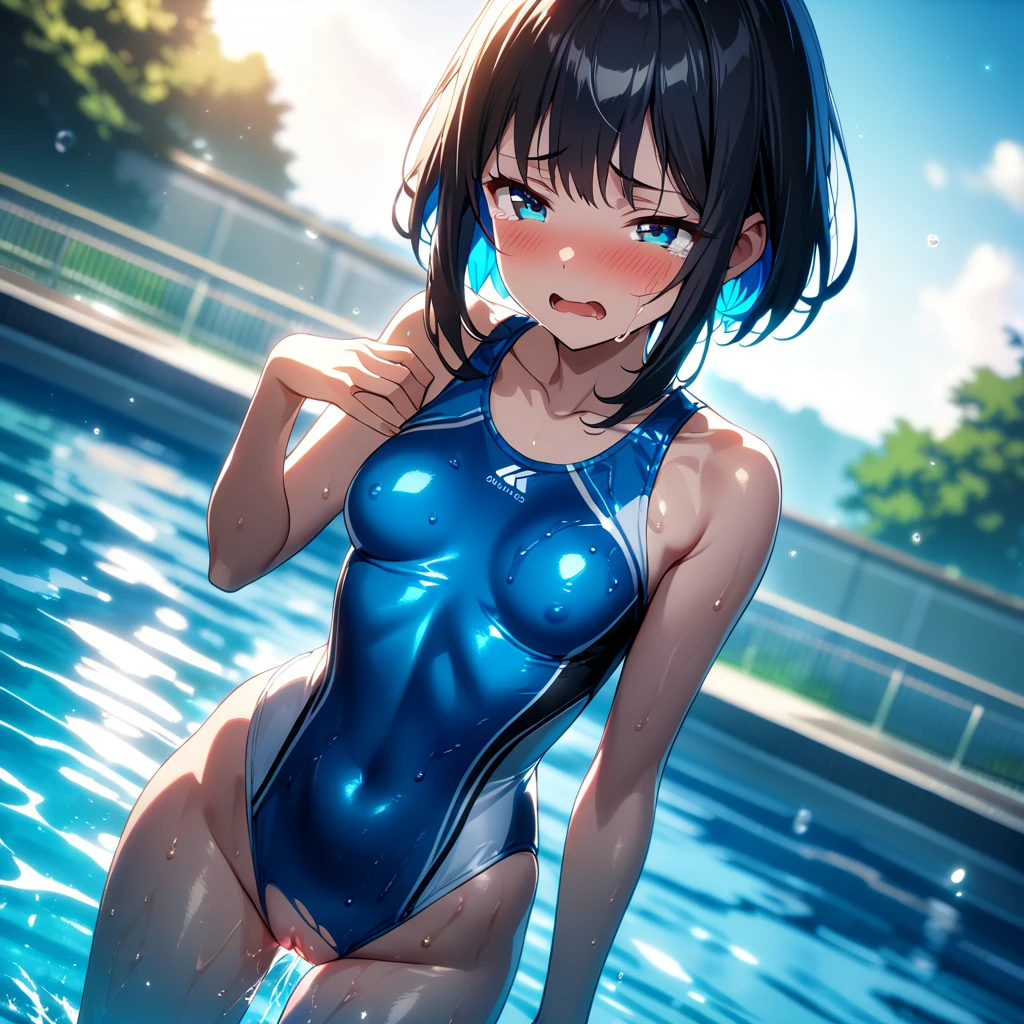 NSFW, sexy, A high-quality depiction of a female swimmer in an intense freestyle race during an Olympic event. She is wearing a sleek professional rubber swimsuit and a swimming goggles, with water droplets on her suit and skin showing the effort and intensity of the race. The swimmer is in mid-stroke, and water splashes and sparkles around her, emphasizing the challenging nature of the competition. The scene is set in a brightly lit indoor Olympic pool, with the blurred crowd in the background. The artwork is in a vibrant anime-inspired style, focusing on the swimmer's muscles, the water effects, and the overall atmosphere of the close competition. --Olympic, --swimming race, --splash, --wave, --wet, --dynamic pose, --rubber swimsuit, --sexy, --erotic, --NSFW
