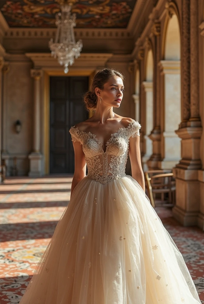 Dramatic composition, court-style dresses, royal, gorgeous, cascading frills, ruffles, bows, crystal chandeliers, Roman curly hairstyles, ponet, double ponytails like drills, look at the camera, bangs, maximalism, palatial background, delicate portrayal of hair and eyes, princess dresses, gorgeous skirts, flowers in hand, smiles, starry eyes, cinematic light, extreme detail, high definition, happy girl, very long hair, diamonds, broken diamonds, crystal fragments, light particles