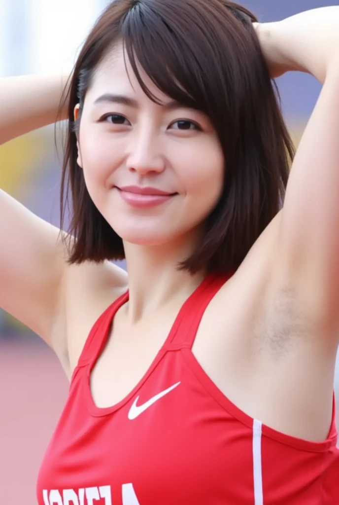 Ultra-definition photo quality、Athletics stadium in midsummer、A very tall and proud beautiful female athlete、Muscular、Long neck、Small face、Long, beautiful, strong limbs、Black short hair、No makeup、Healthy tanned skin、Sunburn marks、Sweaty、Winning spirit、strong、Looking down at me and laughing、Glaring at me、Staring at me、long red tongue、Muscular、Flushed Cheeks、White teeth、Hot Breath、A seductive smile、Taunt、teasing、Beautiful ample breasts、Tight waist、Six-pack、Broad shoulders、High leg、Bloomers、Armpit Hair、Fighting spirit、Desire to dominate、