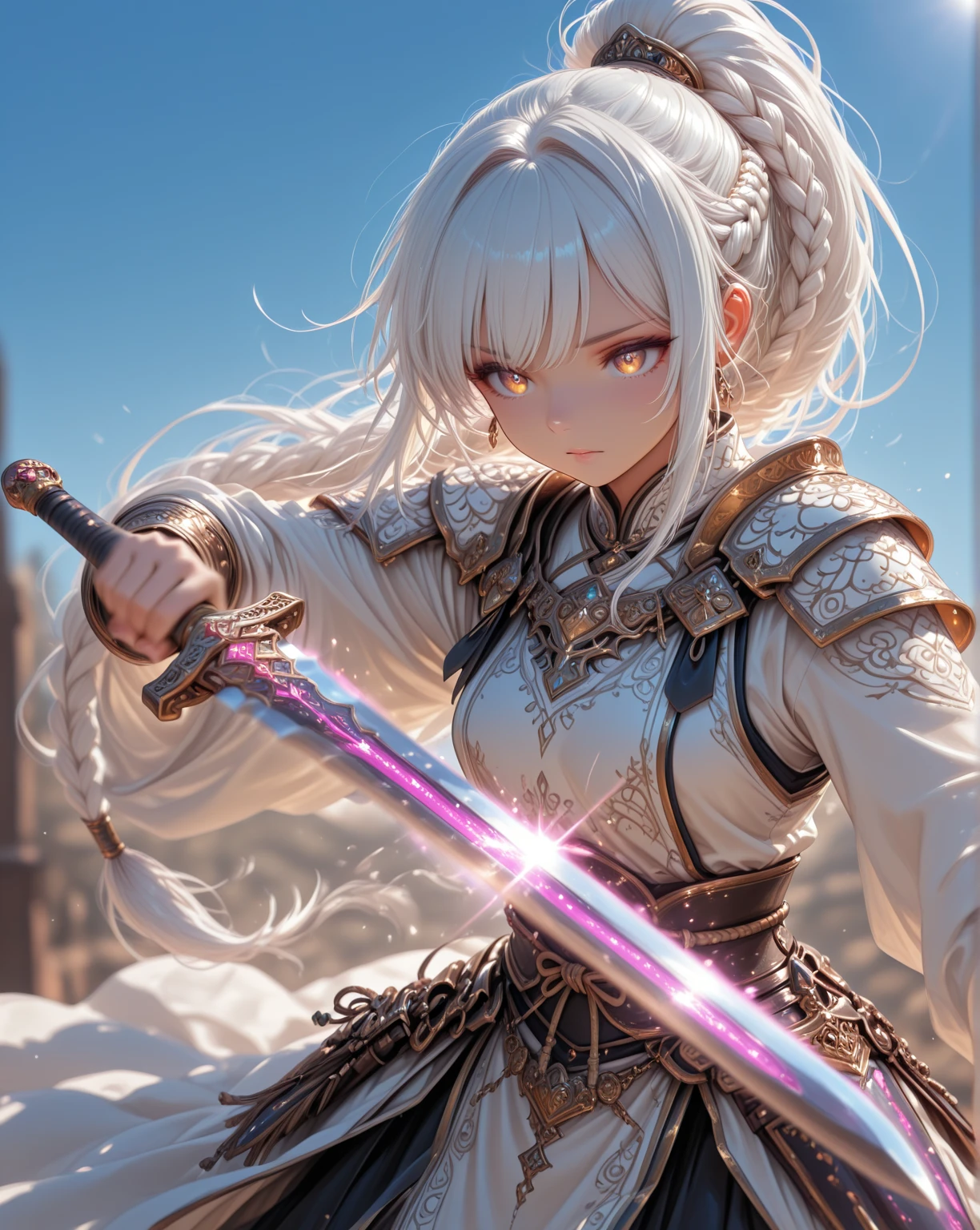 A female knight recognized by the legendary holy sword Excalibur、8k.Half Russian and half Japanese、Russian face、beautiful girl、princess、、Small face、Young face、Big eyes、Skinny、Small breasts、(((Silver Hair、Silver Hair)))、With bangs、(((High resolution big beautiful light blue glowing eyes, )))、Shortcuts、Bobcut、((Sailor suit))、(((Red ribbon in hair、Floral decoration)))、Partially braided、Red bow tie、Transforms into an armored knight at the call of the holy sword Excalibur.、Large sword、A holy sword that emits a pale blue light、((god々Successfully青く光る剣を天にかざす))、central、front、god々Successfully、fantasy landscape、Fantasy