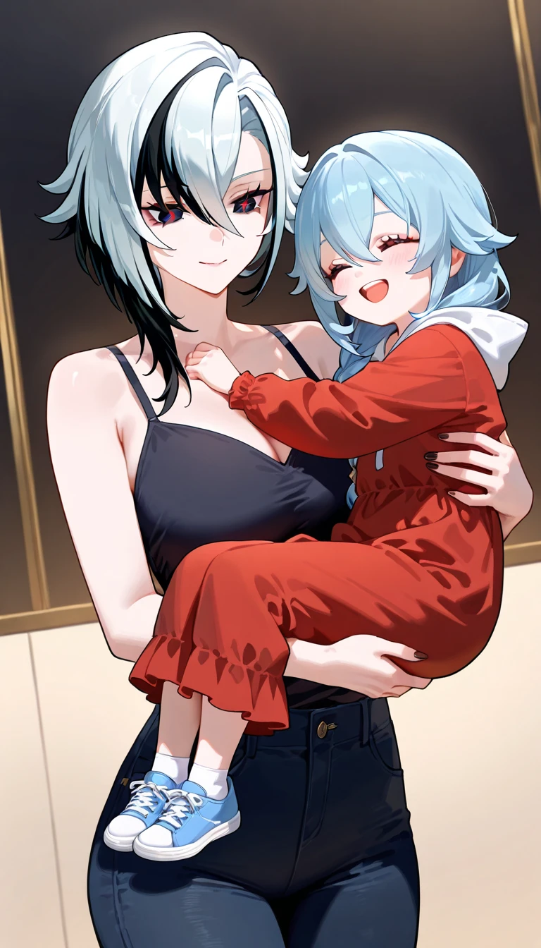 one pregnant anime girl with white hair and red eyes, chained and laying on a bed. Sad. breast feeding
