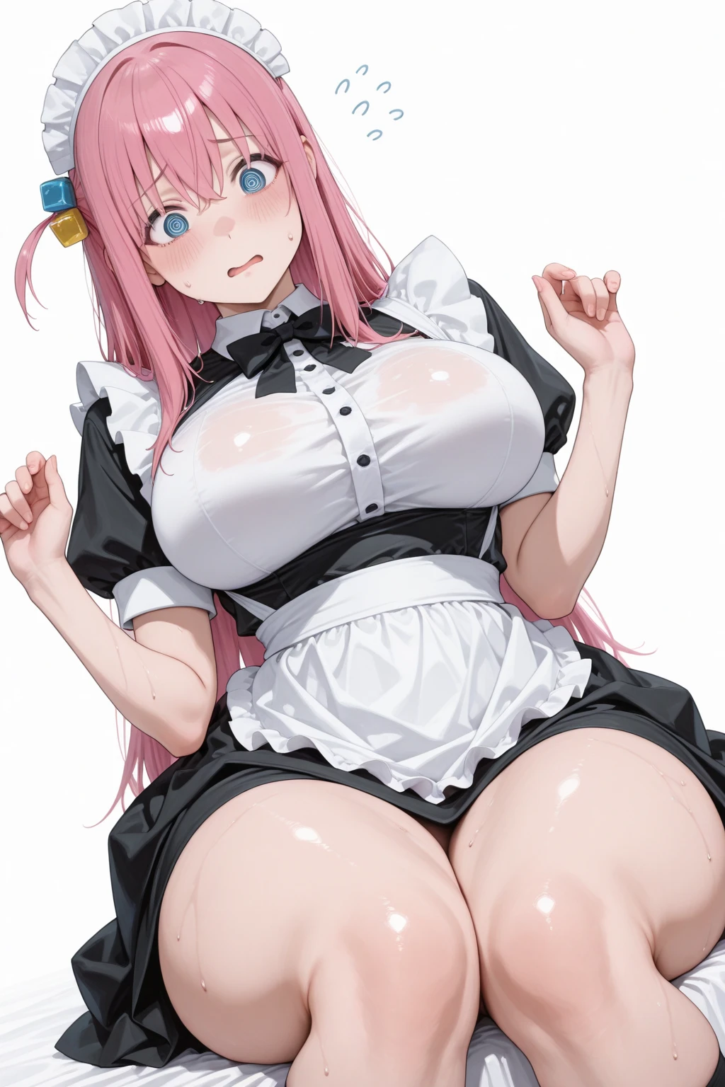 Get on top、despise、Keep your face close、hair falls down、very close face、in an angry manner、Saying something、maid clothes、wake up the boy's master、huge tit、Pink eyes、Pink hair、On the bed