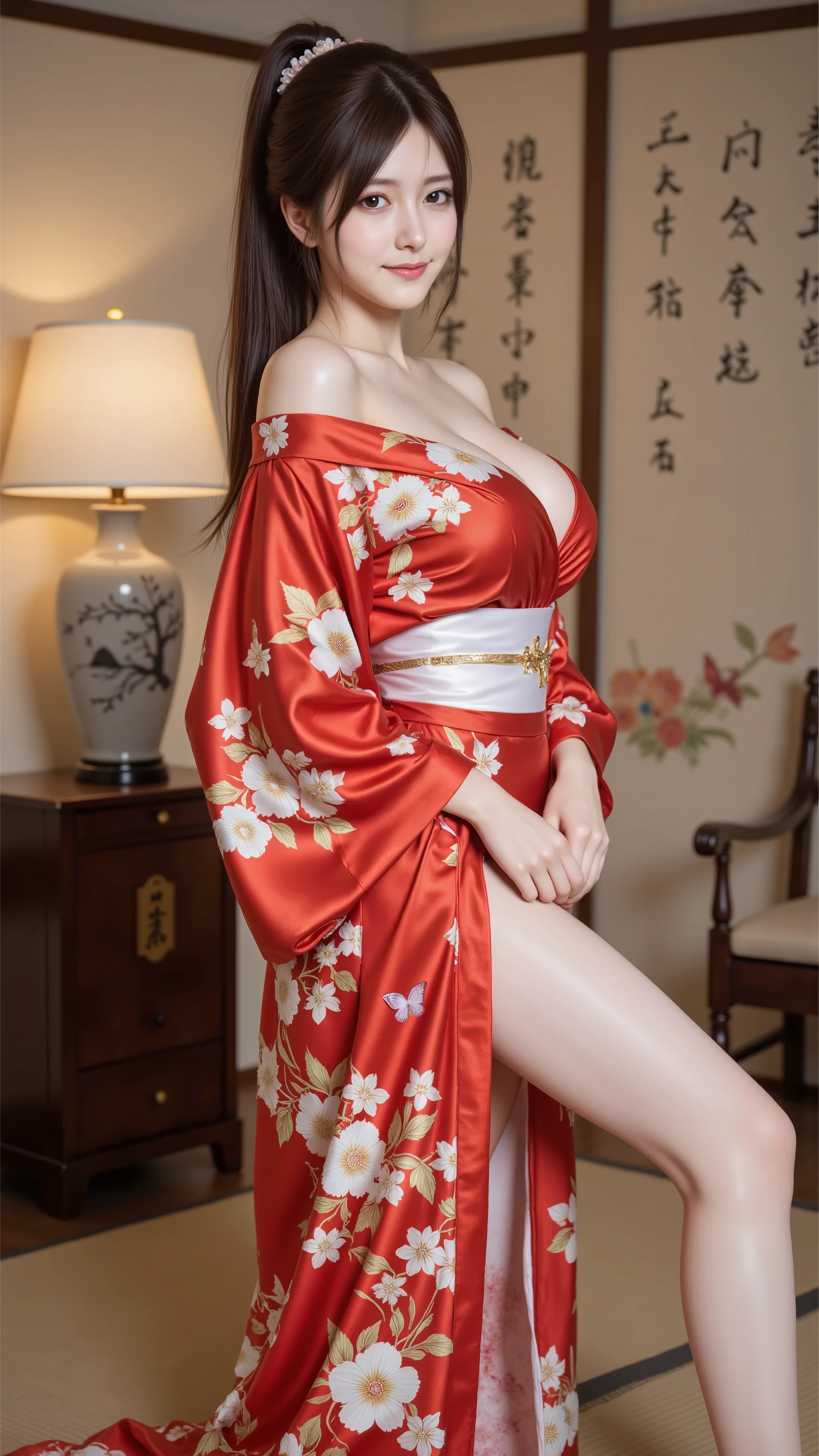 1 young russian girl,(seductive smile ),(Exposed breasts),((sagging breasts)) ,((large breasts)), (((skinny))), 19yearolds,((long. dark-black hair mixed with white and blonde hair pink embre,long-highponytail hair cut with a layer style)), RAW photo, (best quality),high resolution, Ultra detailed, masterpiece,(photorealistic: 1.6), (realistic skin texture: 1.5), Show off beautiful hips, gigantic cleavage breasts, (bare breast), (plump breasts), beautiful tit,,(Pose: A person stand with spread legs modeling pose on the floor, facing slightly to the side, their shoulders and arms are exposed, and their torso is tilted slightly to accentuate the curves of the body, revealing a relaxed yet charming pose.) , (Background: The floor is made of dark brown tatami mats, decorated with a soft-colored floral carpet. The background is a wooden wall with japanese texts written in black ink, and a gray ceramic lamp with a tree pattern sits on a small wooden table in the left corner, blending in with a traditional Asian atmosphere.) , (Dress: Wearing a bright red kimono with white and pastel-colored floral patterns, decorated with small butterflies. The dress is partially off-shoulder and chest, and is tied with a white cloth sash at the waist. The fabric looks smooth and weighty, emphasizing the elegance and uniqueness of Japanese culture.)