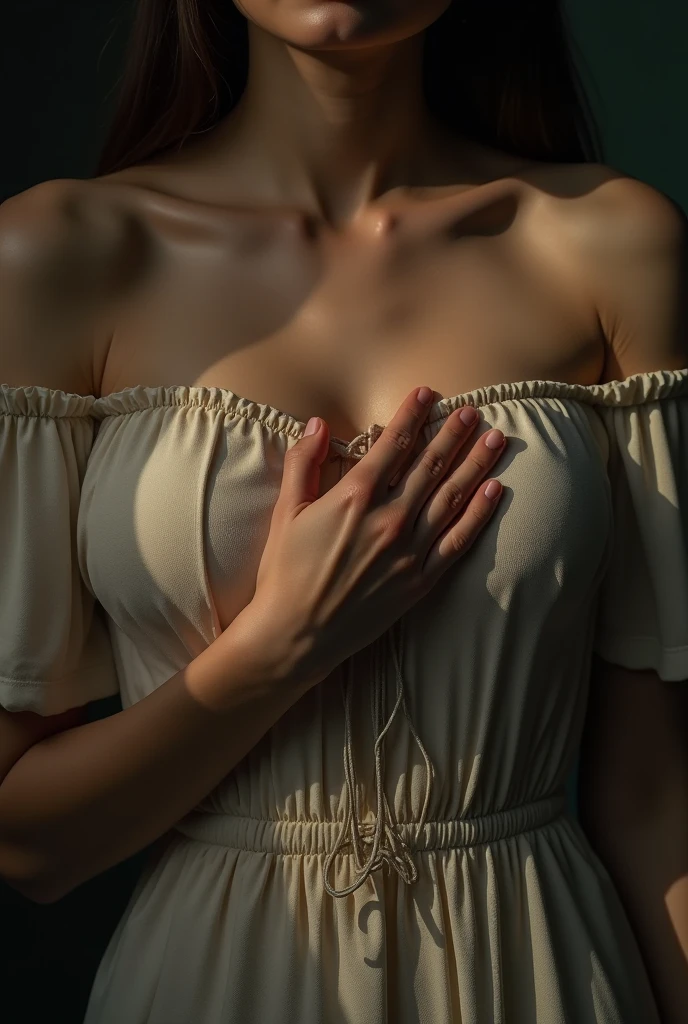 (Hands close-up:2.0)、A woman covering her large breasts with her hands.、Detailed anatomy、Detailed hands、Detailed fingers、Detailed nails、Realistic skin texture、Ultra-realistic、Cinematic lighting、Warm tones、masterpiece、high quality、8k、Photorealistic、photo-realistic、professional、Studio Lighting、Physically Based Rendering、Bright colors、The face is not drawn