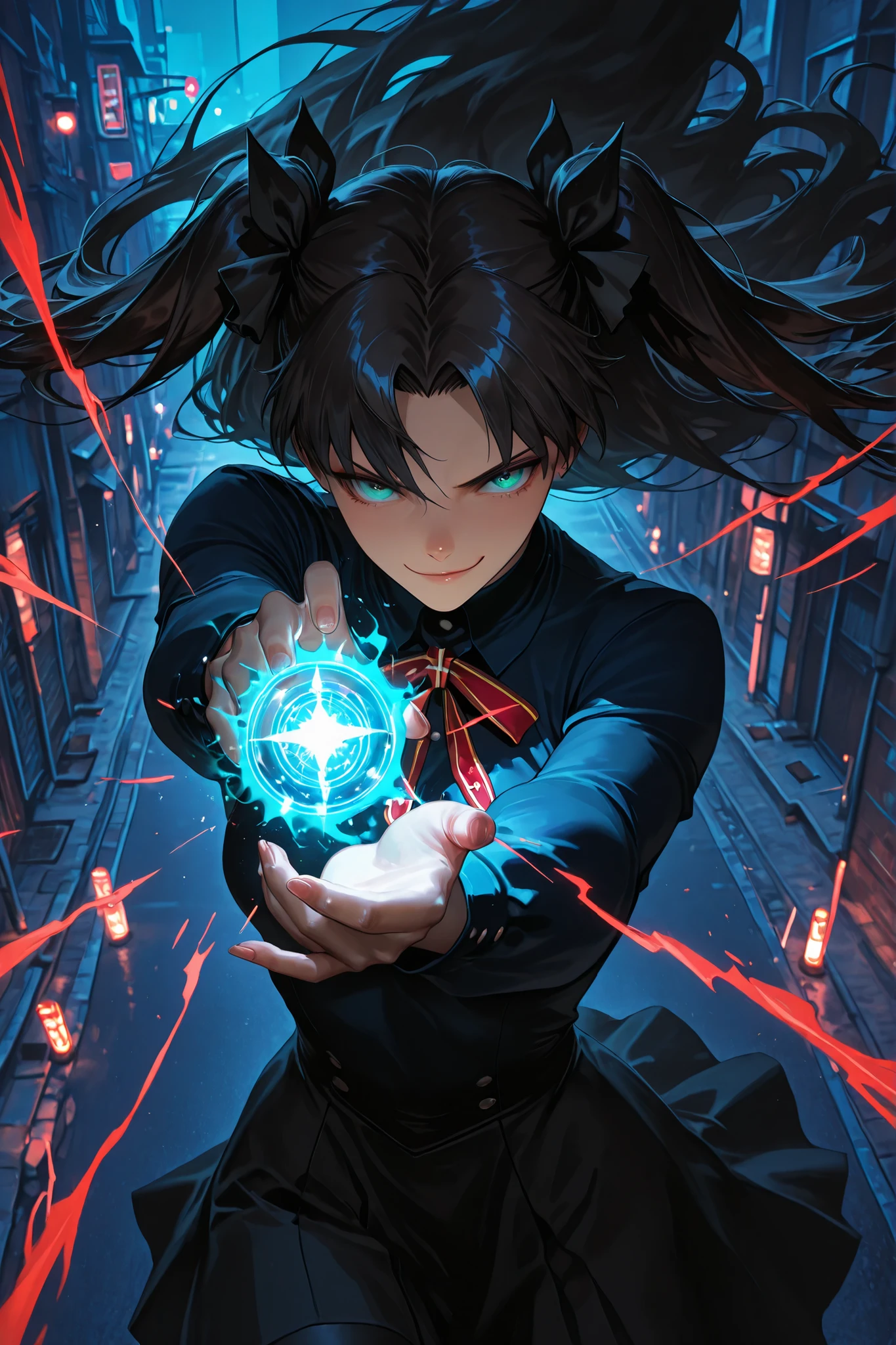ultra-hyper-realistic, ultra-detailed, hyper-detailed texture, 8k, glowing mystical aura effect ,high detailed, photorealism illustration, Hyper detailed texture, hyper realistic skin texture, high contrast, high aesthetic illustration, unique illustration, artistic art structure, fantasy illustration, anime inpired character, finetune texture, dyanimc pose, vivid color, Rin Tohsaka from Fate/stay night, dynamic casting pose, magic circles glowing, urban night background, confident smirk, anime style, 8k