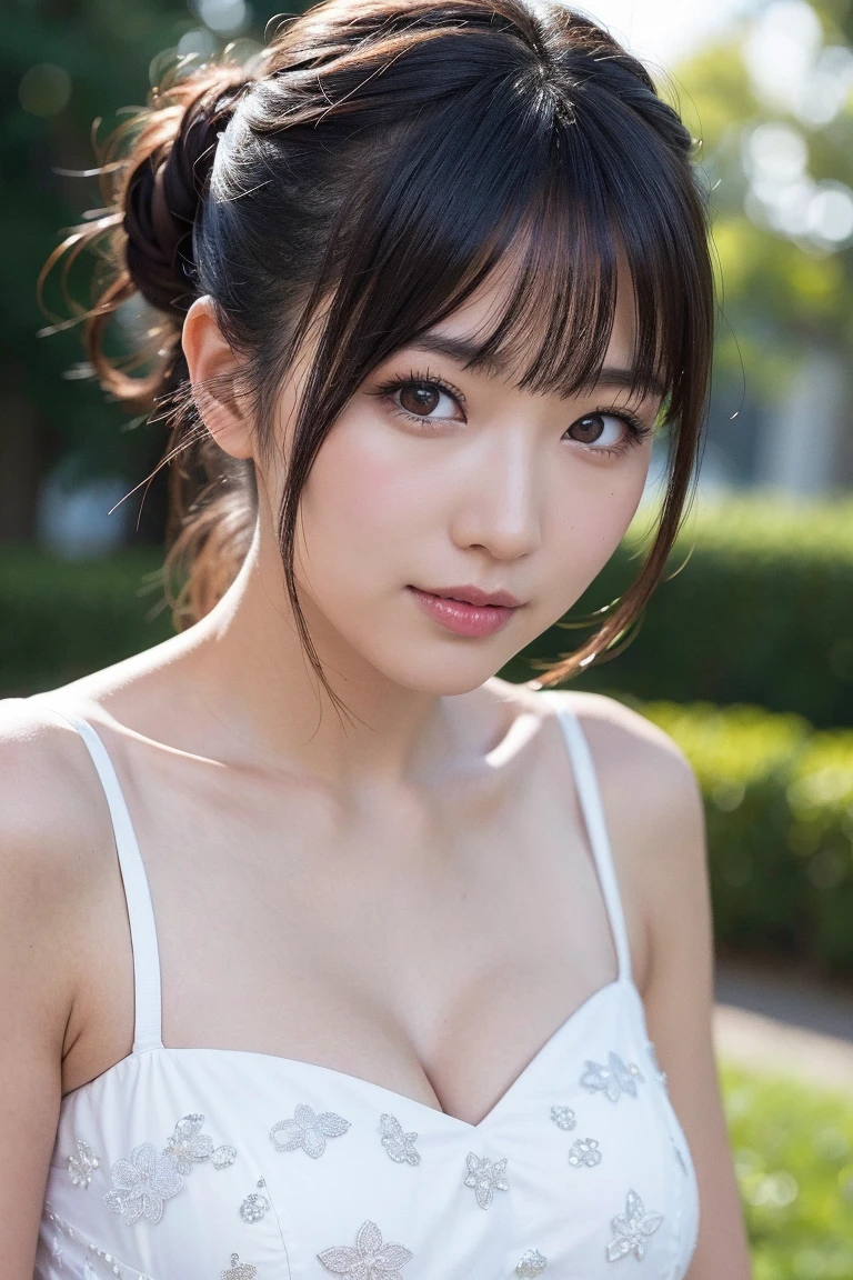 1 Japanese female, 30 years old, Very beautiful, (very cute), (Very detailed美しい顔), Great face and eyes,(Flower Hair Ornaments,Braided top knot,Twisted Side Part Ponytail Braided Headband,Half Up、Braided Space Van,Voluminous fishtail braid,Twisted pan),(The bangs are see-through),, My eyes got a little brighter, Dolly Makeup, (Tight pleated dress(Light blue floral pattern)), (highest quality:1.4), (Very detailed), Very detailed CG 統合 8k 壁紙, Surreal, (Photorealistic:1.4), Raw photo, Professional photography, Cinema Lighting, Realistic portraits, (Depth of written boundary:1.4), (View Photographer:1.3), (In a park with a pond),Glamorous Beauty、 (Large Breasts:1.6)、Deep cleavage、Voluptuous thighs、 (Whole Body Ezbian), Accurate Eyes, Beautiful mouth, (Keep your mouth completely closed), (evening:1.3), (Looking at the camera), (Amazing sunset:1.25), Sleeveless, Melancholic expression、A photo showing you from head to knees
