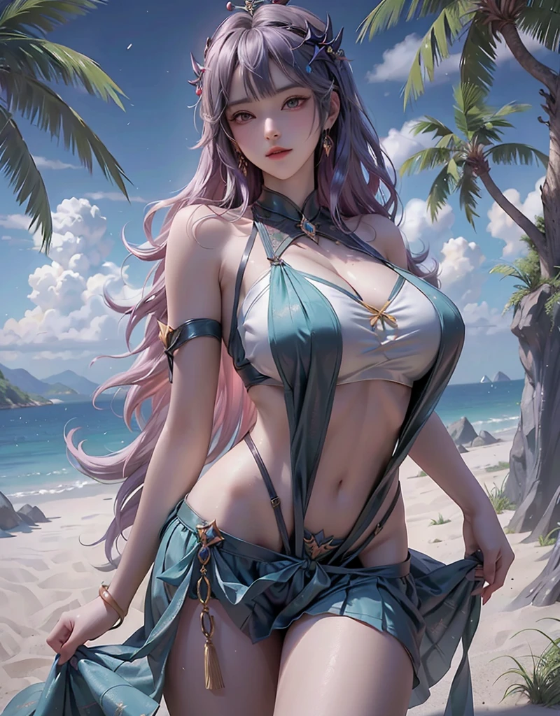 (masterpiece, highest quality), mature woman, mature woman, intricate details, forward.Stentrem, very long hair, gradient hair, outdoor, beach, bikini, smug, put your hands behind your head, Upper body, Are standing