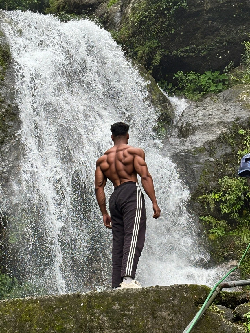 A Chinese bodybuilder，short detailed hair, Wear bright gold thong panties，Stand under the waterfall，There are rainbows, Short beard perfect figure with tattoos, Very huge and strong body, Bulging muscles, musculous, Very large pectoral muscles，Very sexy abs，The legs are muscular，Exposed Body，Tall and burly，Huge genital bulging area，Brightens oily skin，Muscular。