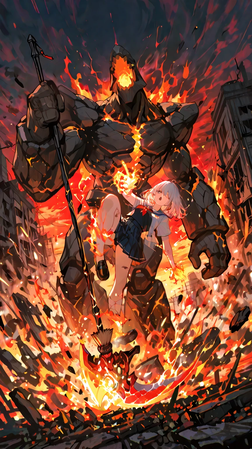 Giantessによって破壊される街、The city is in panic、Giantess girl、Destroyed urban area、Low - Angle、walk、Highest quality、perfection、Beautiful woman、young、16 years old、Bob Hair、Grey vest、White short sleeve shirt、Black Skirt、summer、blush、Troubled face、in trouble、Sunset、Beautiful scenery、Famous actresodel、Japanese、Sexy posing、giantess、Giantess、Destroyed urban area、explosion、fire、walk、Dark Imagery、A hopeless view、City and mountains in the distance