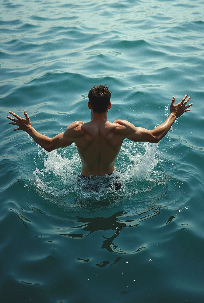 A fit handsome naked and muscular man, swimming powerfully underwater in a stunning pool, seen from above
