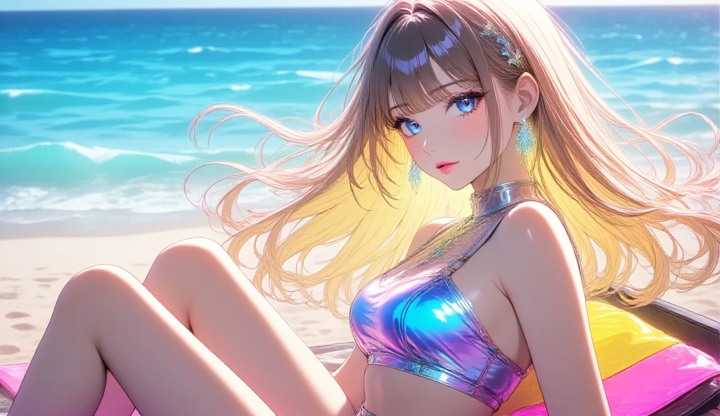 a girl with blonde hair on the beach. She has fair skin and striking purple eyes. The character wears a bikini with a transparent dress over it, headphones. She is. sitting on the beach sand