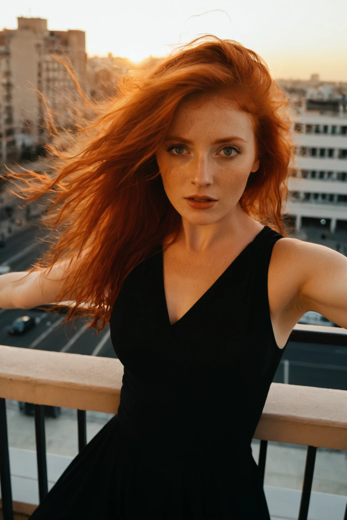 Red-haired woman in swimsuit clothes walking a street in London. High quality photo