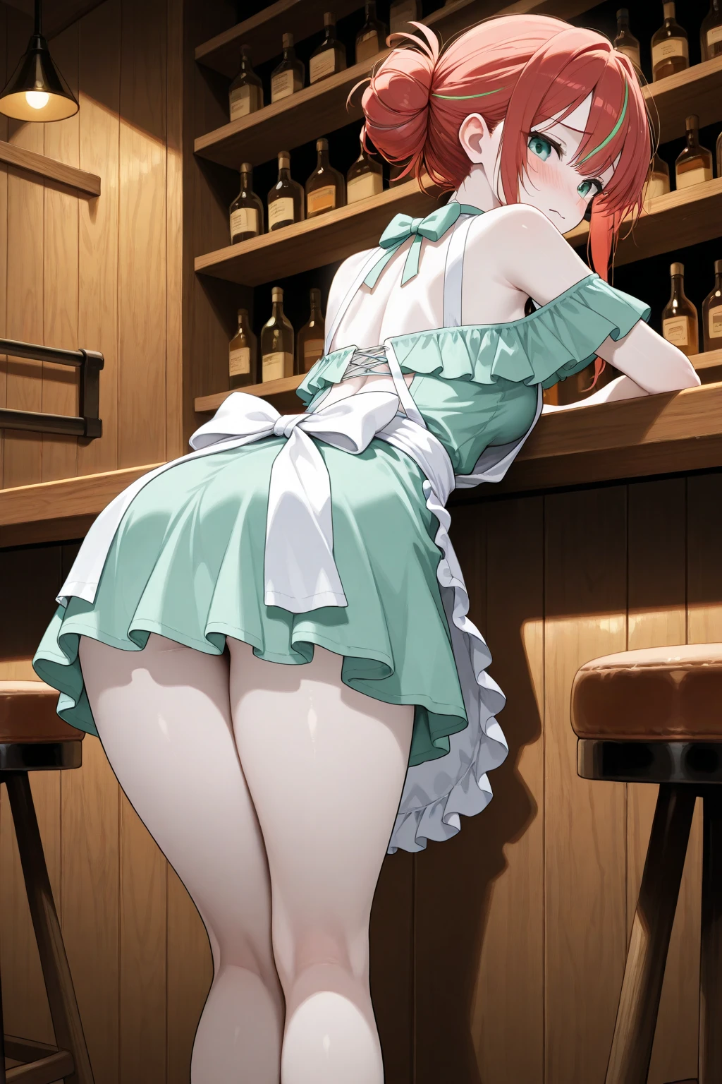 masterpiece, best quality,8k wallpaper, nishikino maki, purple eyes, solo, bodycone dress, bent over, legs, bucket,embarrassed, blushing , moist shiny skin , looking back