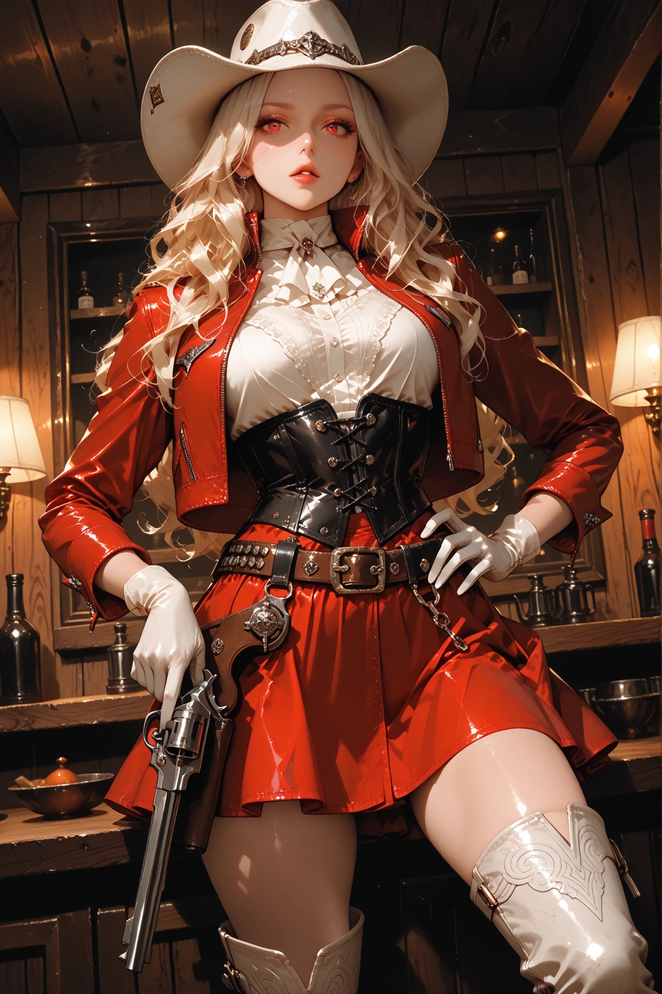 masterpiece, best quality, ultra detailed, 4k, sharp focus, vibrant colours, high contrast, newest, 1 divinely beautiful woman, long wavy hair, wearing a wide-brimmed white cowboy hat, bright red cropped western jacket, grilled white blouse with a high collar, high-waisted short red skirt, black leather corset belt, white leather gun belt, with a golden revolver holstered at her hip, short white gloves, thigh-high white cowboy boots, holding a shiny golden revolver, in an old rustic western bar interior, dynamic pose, dynamic angle, dynamic composition, bright colour, warm cinematic lighting
