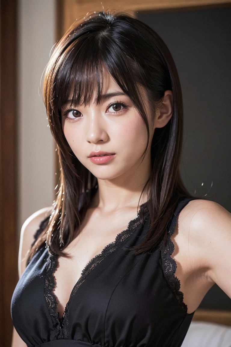 (top-quality, 16K, ​masterpiece:1.3), (ultra detailed), (masterpiece), (best quality), Highest quality, Realistic, Surreal, Highest quality, Extremely detailed CG, Very delicate, 16K wallpaper, High resolution, A woman in a management position at a prestigious company,  38歳, beautiful woman, ((Silky hair:1.2)), (beautiful short hair:1.2), BREAK ((upper body:1.5)), ((look into the viewer's eyes:1.5)), ((looking at viewer:1.5)), ((Front view:1.5)), ((from front:1.5)), BREAK ((thin lips:1.5)), ((orgasm:1.5)), ((ecstasy:1.5)), ((mole under eye:1.2)), ((UNTITLED business suit:1.2)), ((Very simple necklace)), With a large window Japanese office, ((Working at desk:1.5)), Japanese, slender body, very detailed, detailed fingers, detailed hands, detailed eyes, detailed legs, accurate and perfect human anatomy, real human skin,