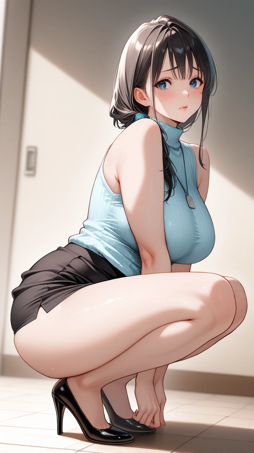 Residential Street,smile,Squat,1 ,ponytail,Black Hair,blush,Navy school swimsuit,barefoot,White skin,summer,From below,shy,Sweat,shy,Crossdresser
