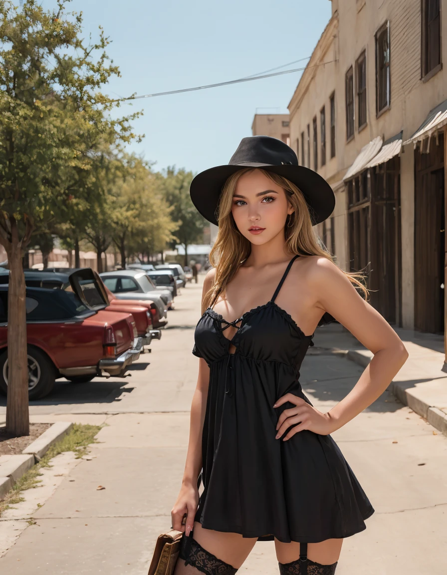 ((best quality)), ((masterpiece)), (detailed), arafed woman in a club outfit and hat posing for a picture, club, western clubgirl, female clubgirl, club-girl, beautiful clubboy witch, stunning woman, cute woman, gorgeous woman, western clothing, old west,in a open field, post-apocalyptic club girl, sexy girl, club boy style, female sheriff, beautiful blonde woman, 4 k wild west, seed 12112001, in a traditinal club girl dress, traditinal club girl