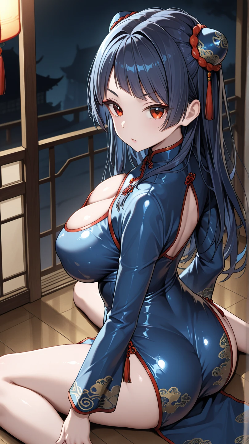 masterpiece, best quality, 1girl, skinny, petite, narrow waist, long hair, (shag hair:1.1), Maroon hair, red eyes, huge breasts, breast curtains, china dress, pelvic curtain, thighhighs, armband, choker, jewelry, straight-on, standing, thighs, makeup, smile, looking at viewer, sharp focus, (8k), (4k), (Masterpiece), (Best Quality), realistic skin texture, extremely detailed, intricate, hyper detailed, illustration, soft lighting, high resolution, sharp detail, vivid, colorful, indoors, living room, flat screen tv, rich, prestige, detailed background,  <lora:add_detail:0.6> <lora:horizon:0.85>
