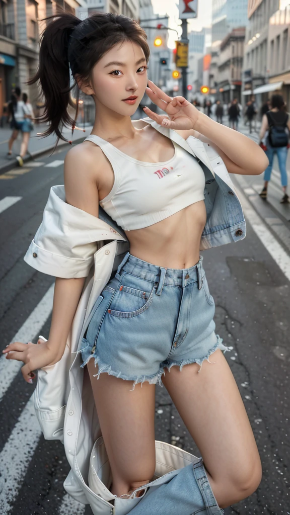 Handsome boy 18 years old, tanned, cute face, brown eyes, dark hair, bangs, wearing short sleeved cropped shirt and excessively short mini shorts, long slim legs, bracelets, flirtatious pose, hot summer, top quality