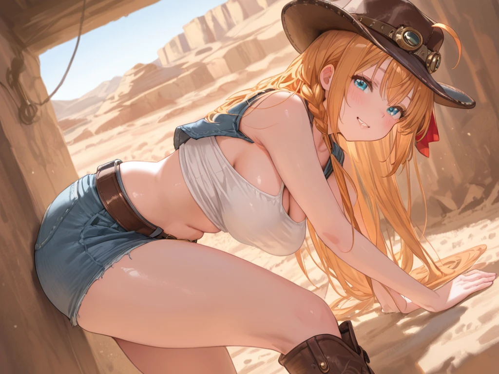 (((top-quality, masterpiece))), (( lot of details), (((depcit very young girl surrounded by ropes))), (((elegant cowgirl))), sexy, blond hair, long hair, straight hair, (((bandage))), (((bound with ropes))), (((arms behind back))), cowboy hat, (wearing leather cowboy clothes), leather revolvers belt, open legs, spread legs, brown eyes, thin , ((small breasts)), ((topless)), nice hips, open shoulders, sassy, (Masterpiece, Excellent, complex details), delicate girl, delicate face, pretty, sunny desert, a western atmosphere,