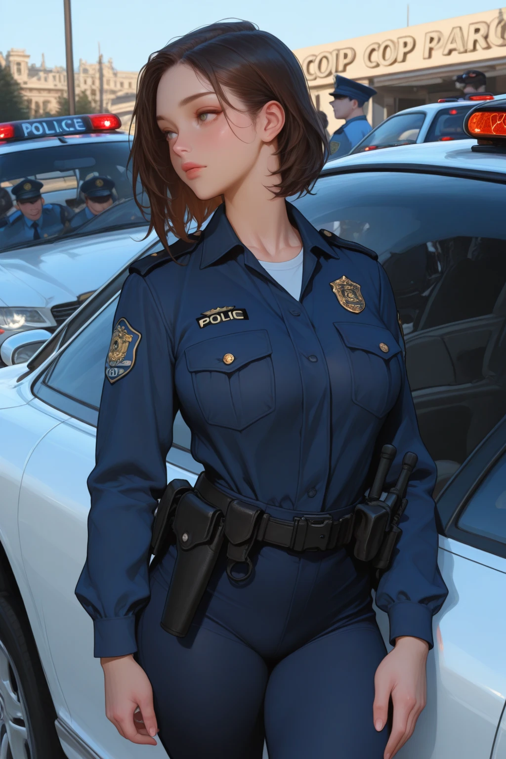 girl,human,25age, police officer,left hand holding Guns m9,m9,public,1m77,J breasts,brown hair, black eyes, 4k wallpaper, wide thighs, rape