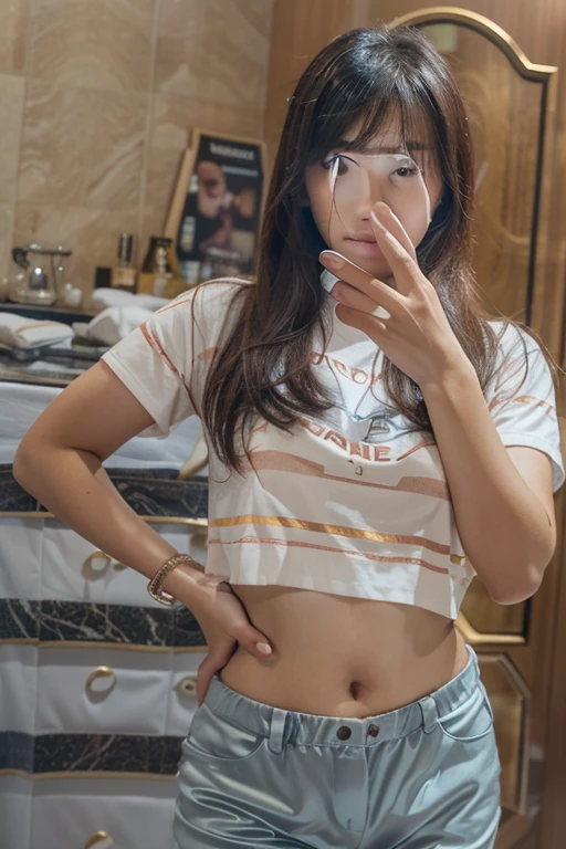 Hairy pubic hair((Highest quality、8K、masterpiece:1.3))((Perfect glowing skin,Perfect Skin))　Browsing Caution　Realistic　Bright room　White Room　White skin　Brown Hair　short hair　Wavy Hair　bangs　Wearing a shirt　Wearing glasses